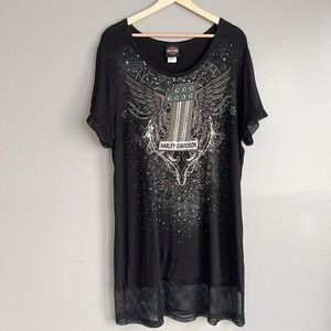Harley Davidson Embellished Graphic Tee Women's Tunic Top Mesh Trim 1X